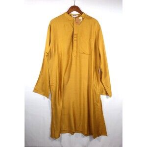 Fabindia Men's Gold Yellow Kurta Dobby Viscose Silk Long Indian Ethnic L